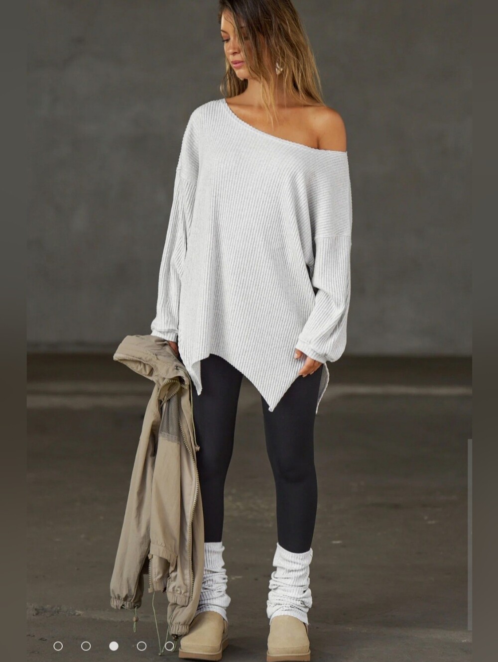 NWT Joah Brown Off-Shoulder Luxe Knit Tunic Sweater in Pearl Grey - Picture 3 of 9